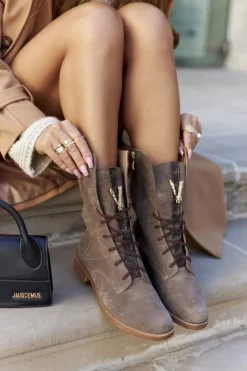 Outlet Damskie Skórzane Welurowe Botki Trzewiki Nicole Brązowe 2581/032 Damskie Botki Sznurowane|Czarne Botki