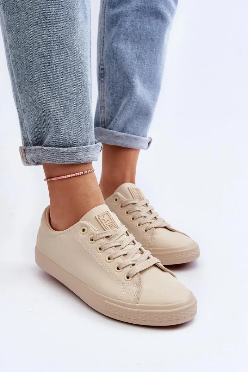 Trampki Damskie Niskie>Evento Damskie Skórzane Wiązane Klasyczne Trampki Beżowe Misima