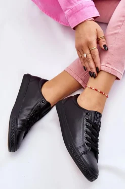 Trampki Damskie Niskie></noscript>Evento Damskie Skórzane Wiązane Klasyczne Trampki Czarne Misima