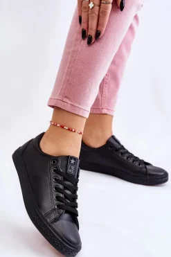 Trampki Damskie Niskie></noscript>Evento Damskie Skórzane Wiązane Klasyczne Trampki Czarne Misima