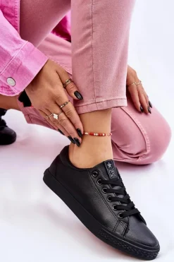 Trampki Damskie Niskie></noscript>Evento Damskie Skórzane Wiązane Klasyczne Trampki Czarne Misima