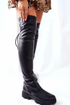 Outlet Damskie Skórzane Wsuwane Kozaki Lewski Czarne 3064 Damskie Kozaki Wiosenne|Kozaki Płaskie