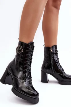 Online Damskie Skórzane Wysokie Botki Na Słupku Czarne Lemar Danel Damskie Botki Sznurowane|Czarne Botki