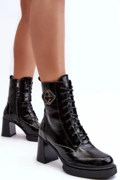 Online Damskie Skórzane Wysokie Botki Na Słupku Czarne Lemar Danel Damskie Botki Sznurowane|Czarne Botki