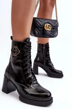 Online Damskie Skórzane Wysokie Botki Na Słupku Czarne Lemar Danel Damskie Botki Sznurowane|Czarne Botki