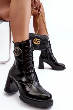 Online Damskie Skórzane Wysokie Botki Na Słupku Czarne Lemar Danel Damskie Botki Sznurowane|Czarne Botki