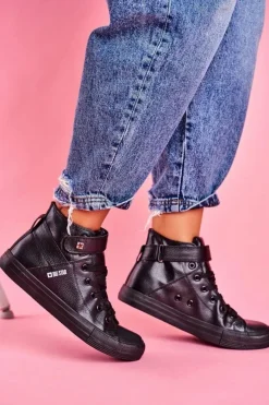 Outlet Big Star Shoes Damskie Skórzane Wysokie Trampki BIG STAR V274542 Czarne