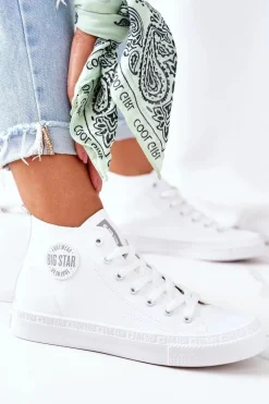 Clearance Big Star Shoes Damskie Skórzane Wysokie Trampki Big Star GG274016 Białe Biały