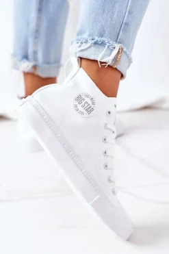 Clearance Big Star Shoes Damskie Skórzane Wysokie Trampki Big Star GG274016 Białe Biały