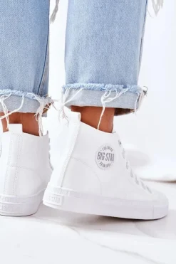 Clearance Big Star Shoes Damskie Skórzane Wysokie Trampki Big Star GG274016 Białe Biały