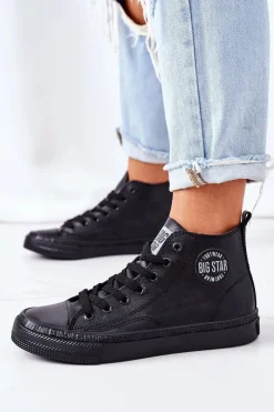 Sale Big Star Shoes Damskie Skórzane Wysokie Trampki Big Star GG274015 Czarne