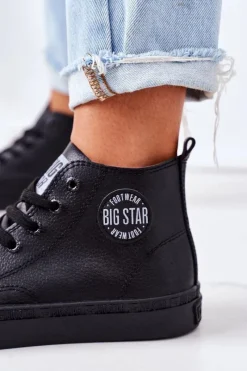 Sale Big Star Shoes Damskie Skórzane Wysokie Trampki Big Star GG274015 Czarne