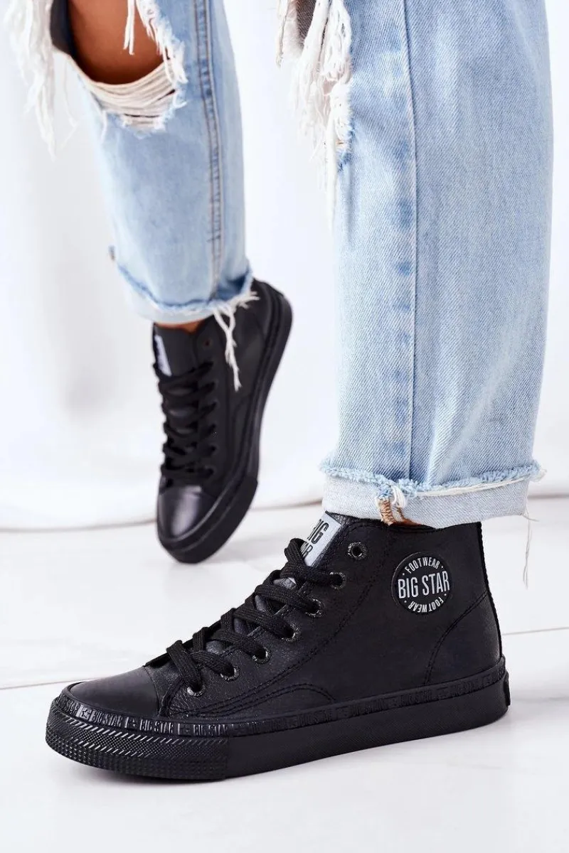 Sale Big Star Shoes Damskie Skórzane Wysokie Trampki Big Star GG274015 Czarne