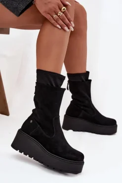 Botki Maciejka|Botki Skórzane>Maciejka Damskie Skórzane Zamszowe Botki Na Masywnej Platformie A7161-20 Czarne Czarny