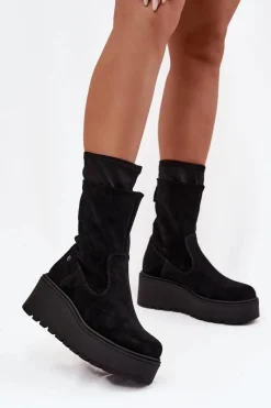 Botki Maciejka|Botki Skórzane>Maciejka Damskie Skórzane Zamszowe Botki Na Masywnej Platformie A7161-20 Czarne Czarny