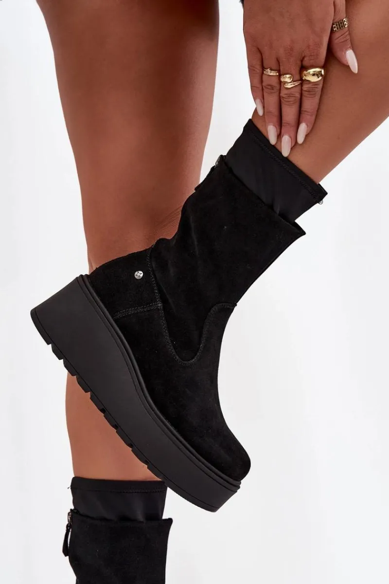 Botki Maciejka|Botki Skórzane>Maciejka Damskie Skórzane Zamszowe Botki Na Masywnej Platformie A7161-20 Czarne Czarny