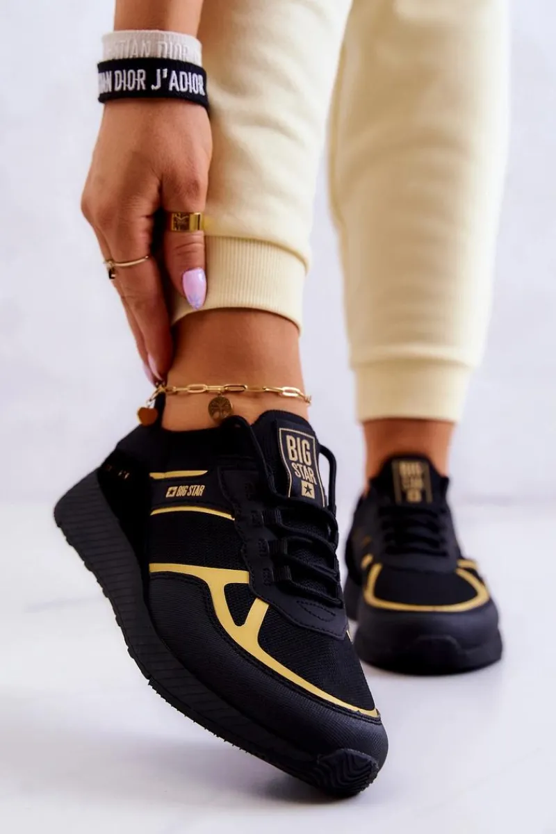 Outlet Damskie Sneakersy Big Star JJ274A195 Czarno-Złote Damskie Sneakersy Damskie