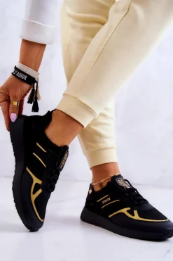 Outlet Damskie Sneakersy Big Star JJ274A195 Czarno-Złote Damskie Sneakersy Damskie