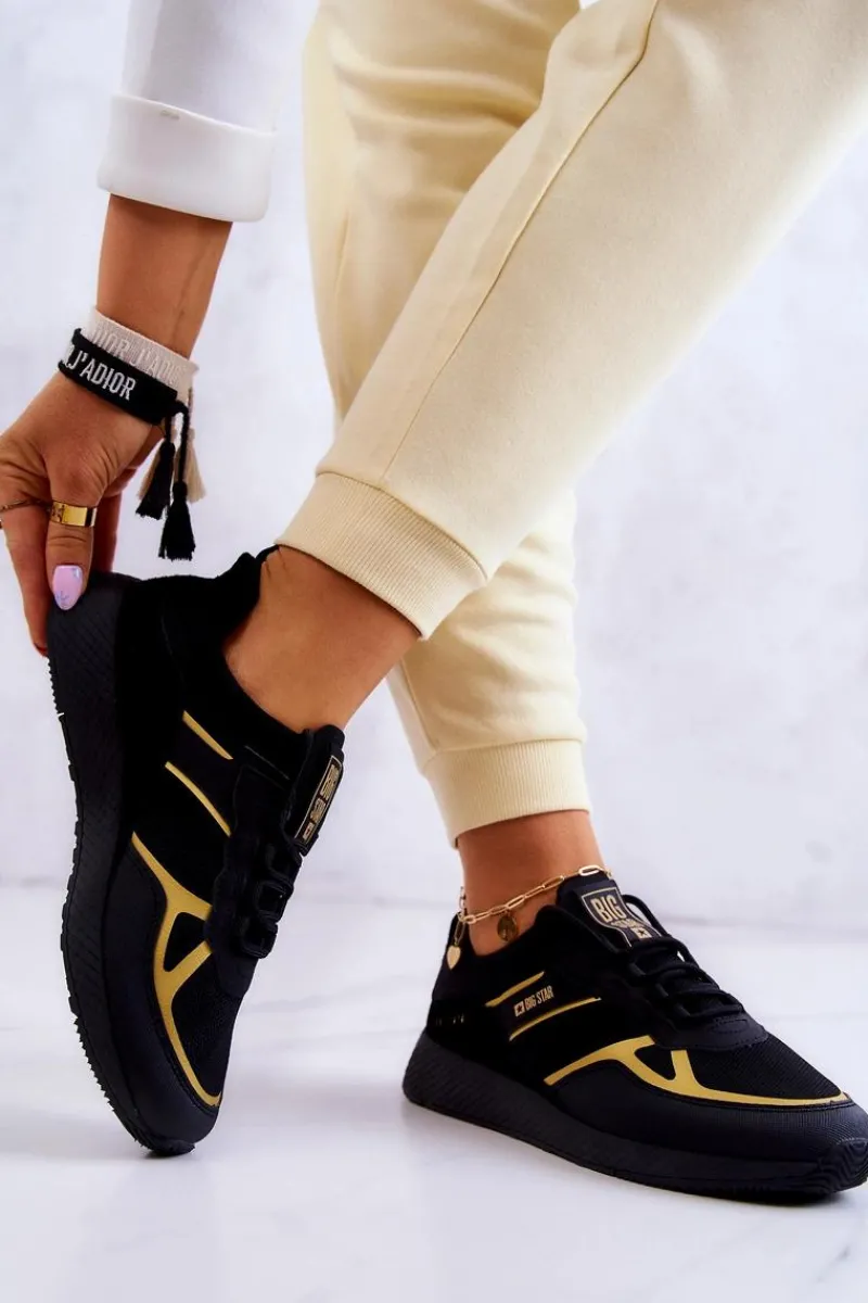 Outlet Damskie Sneakersy Big Star JJ274A195 Czarno-Złote Damskie Sneakersy Damskie