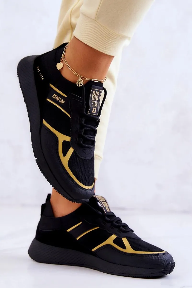Outlet Damskie Sneakersy Big Star JJ274A195 Czarno-Złote Damskie Sneakersy Damskie