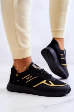 Outlet Damskie Sneakersy Big Star JJ274A195 Czarno-Złote Damskie Sneakersy Damskie