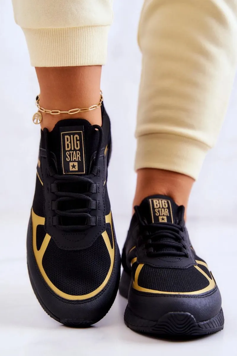 Outlet Damskie Sneakersy Big Star JJ274A195 Czarno-Złote Damskie Sneakersy Damskie