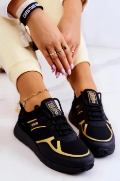 Outlet Damskie Sneakersy Big Star JJ274A195 Czarno-Złote Damskie Sneakersy Damskie