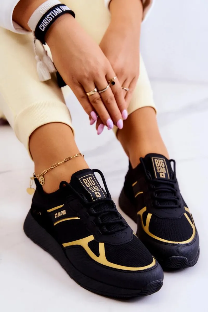 Outlet Damskie Sneakersy Big Star JJ274A195 Czarno-Złote Damskie Sneakersy Damskie