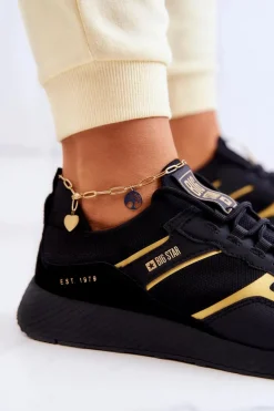 Outlet Damskie Sneakersy Big Star JJ274A195 Czarno-Złote Damskie Sneakersy Damskie