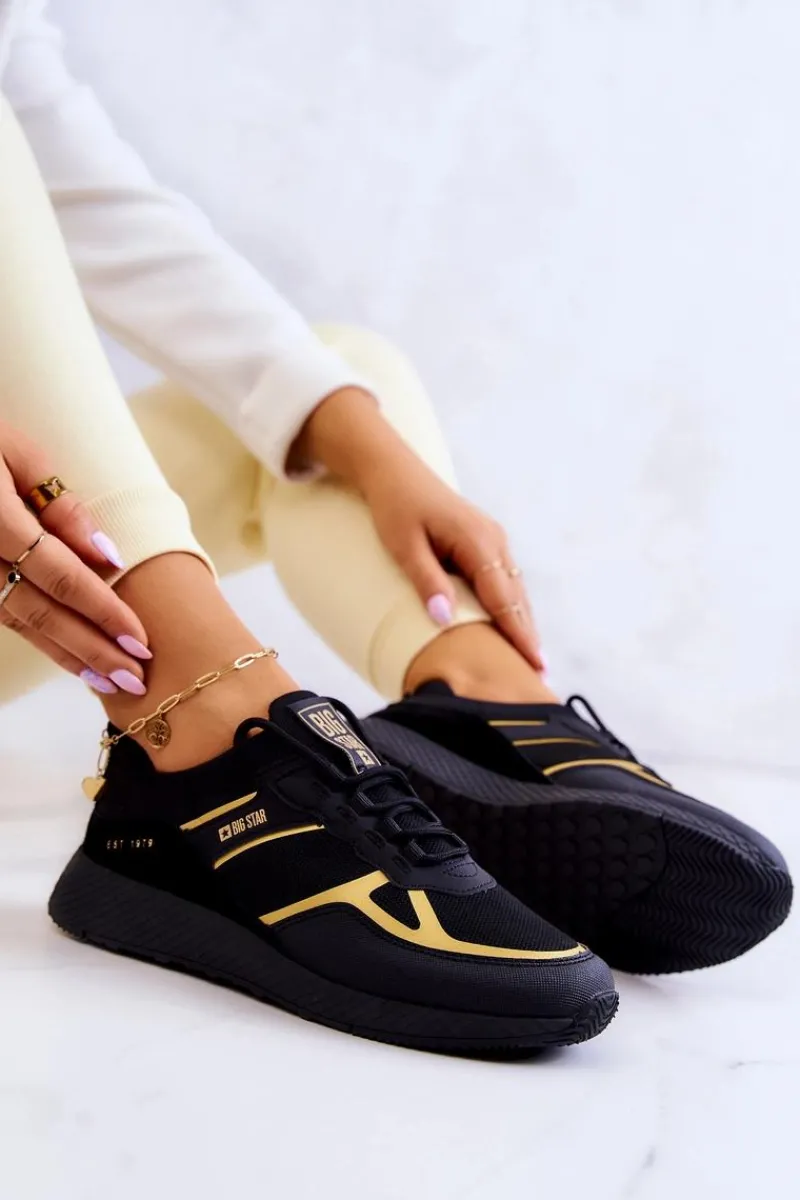 Outlet Damskie Sneakersy Big Star JJ274A195 Czarno-Złote Damskie Sneakersy Damskie