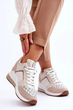 Outlet Damskie Sneakersy Buty Sportowe Na Koturnie Biało-Beżowe Nomera Damskie Sneakersy Damskie