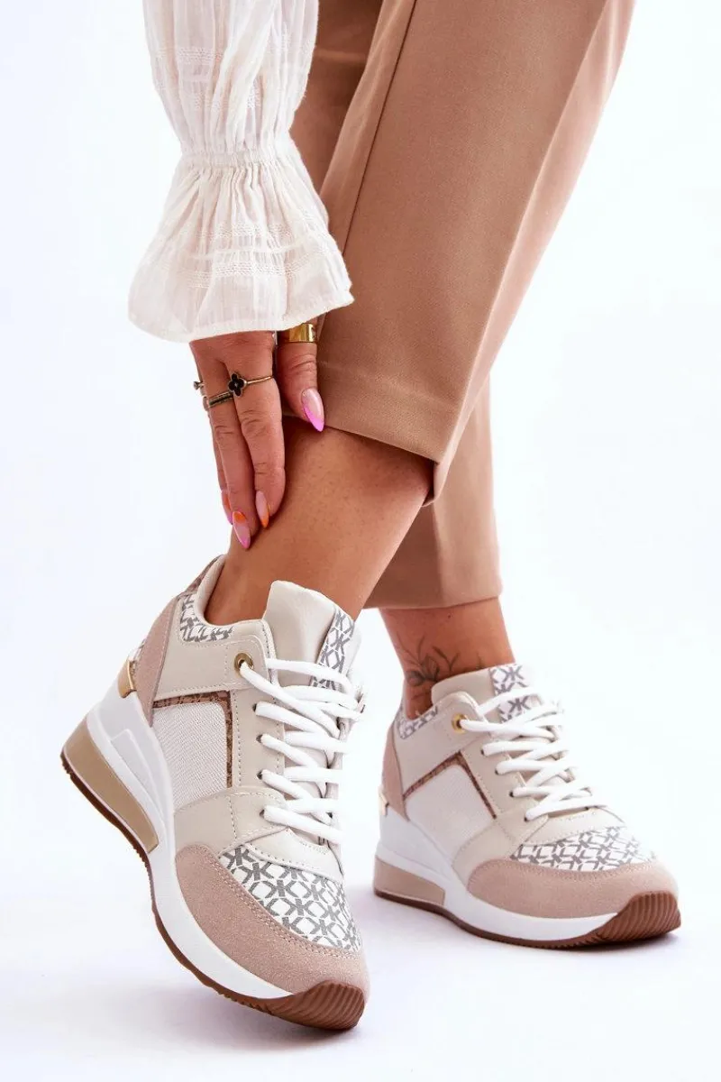 Outlet Damskie Sneakersy Buty Sportowe Na Koturnie Biało-Beżowe Nomera Damskie Sneakersy Damskie