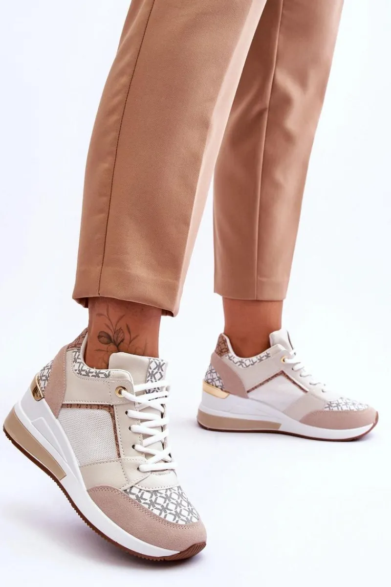 Outlet Damskie Sneakersy Buty Sportowe Na Koturnie Biało-Beżowe Nomera Damskie Sneakersy Damskie