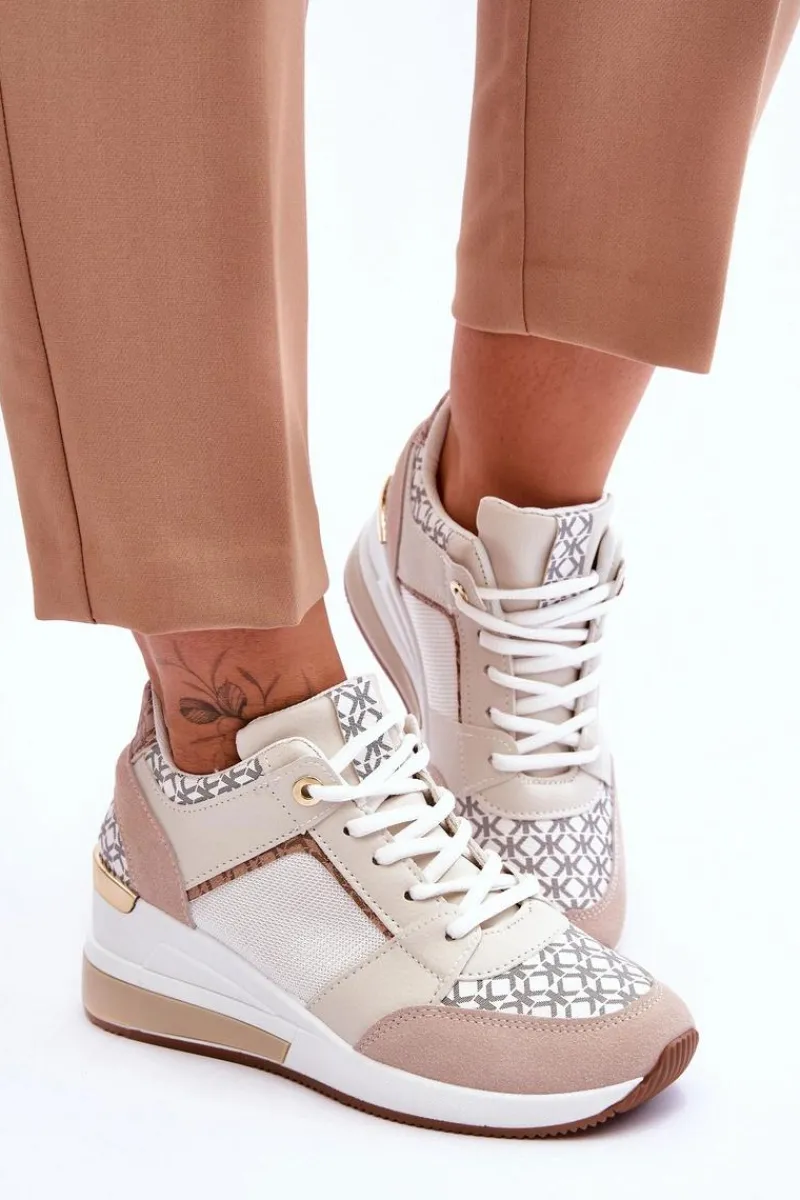 Outlet Damskie Sneakersy Buty Sportowe Na Koturnie Biało-Beżowe Nomera Damskie Sneakersy Damskie