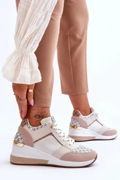 Outlet Damskie Sneakersy Buty Sportowe Na Koturnie Biało-Beżowe Nomera Damskie Sneakersy Damskie