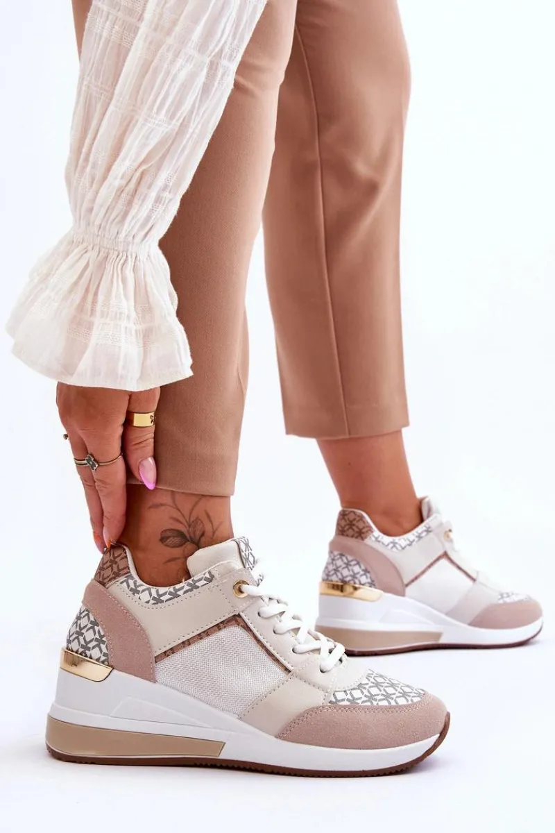 Outlet Damskie Sneakersy Buty Sportowe Na Koturnie Biało-Beżowe Nomera Damskie Sneakersy Damskie