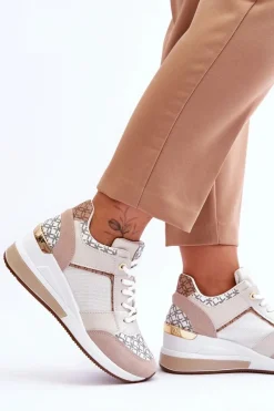 Outlet Damskie Sneakersy Buty Sportowe Na Koturnie Biało-Beżowe Nomera Damskie Sneakersy Damskie