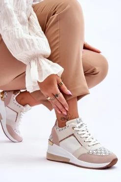 Outlet Damskie Sneakersy Buty Sportowe Na Koturnie Biało-Beżowe Nomera Damskie Sneakersy Damskie