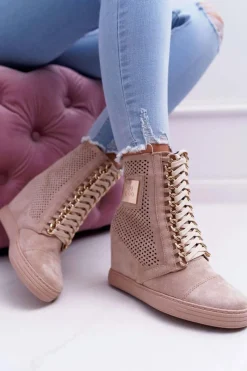 Clearance Boto Damskie Sneakersy Lu Boo Ażurowe Zamszowe Beżowe Clamma