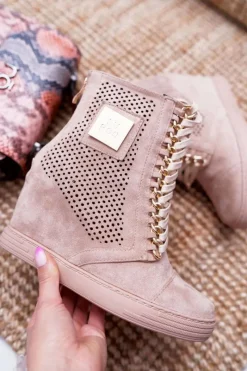 Clearance Boto Damskie Sneakersy Lu Boo Ażurowe Zamszowe Beżowe Clamma