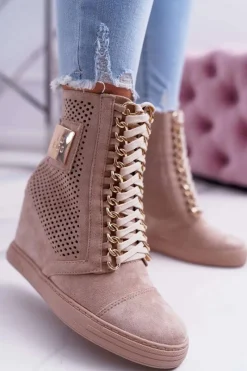 Clearance Boto Damskie Sneakersy Lu Boo Ażurowe Zamszowe Beżowe Clamma