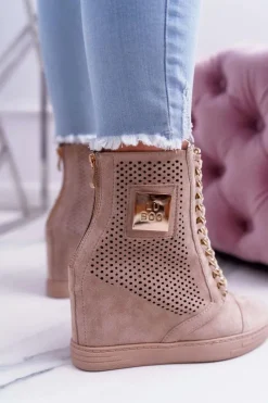 Clearance Boto Damskie Sneakersy Lu Boo Ażurowe Zamszowe Beżowe Clamma