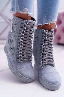 Boto Damskie Sneakersy Lu Boo Ażurowe Zamszowe Niebieskie Clamma