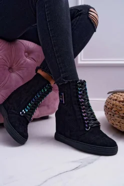 Outlet Boto Damskie Sneakersy Lu Boo Ażurowe Zamszowe Czarne Clamma