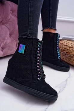 Outlet Boto Damskie Sneakersy Lu Boo Ażurowe Zamszowe Czarne Clamma