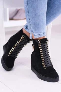 Clearance Boto Damskie Sneakersy Lu Boo Z Łańcuchami Zamszowe Czarne Monica