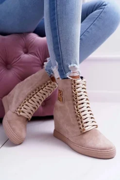 Sneakersy Damskie>Boto Damskie Sneakersy Lu Boo Złoty Łańcuch Zamsz Beżowe Monica