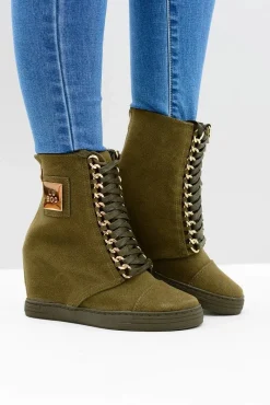 Outlet Boto Damskie Sneakersy Lu Boo Z Łańcuchami Zamszowe Oliwkowe Monica