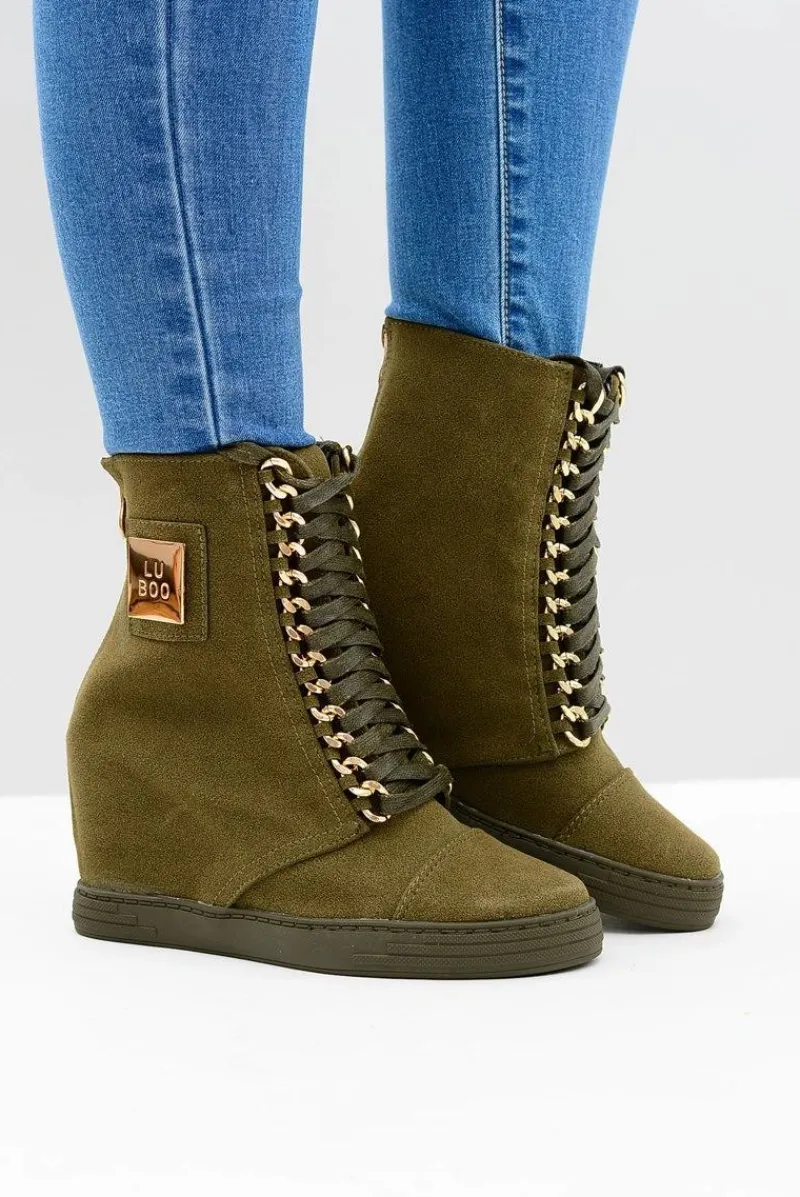 Outlet Boto Damskie Sneakersy Lu Boo Z Łańcuchami Zamszowe Oliwkowe Monica