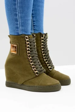 Outlet Boto Damskie Sneakersy Lu Boo Z Łańcuchami Zamszowe Oliwkowe Monica